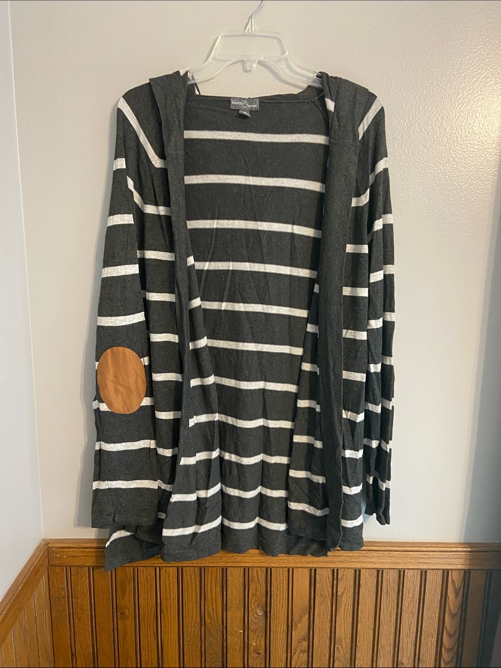 Market & Spruce Charcoal Striped Hooded Open Cardigan with Elbow Patch